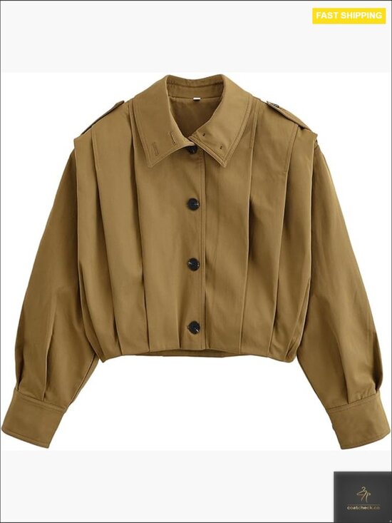 Jackets & Blazers - Cropped Pleated Trench Jacket Long Sleeve Button Down Casual Short Coat